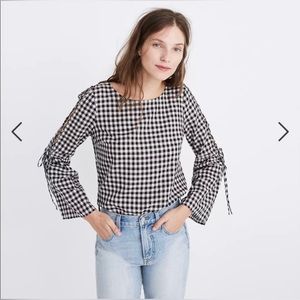Madewell Gingham Lace Up Bell Sleeve Blouse